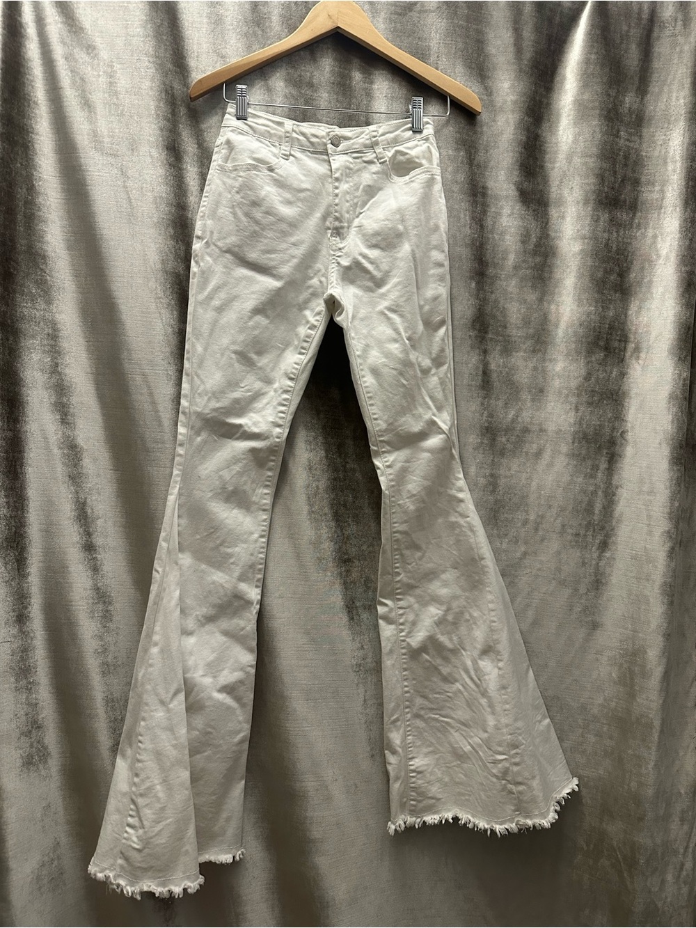 Altar'd State high Rise, White Flared Jeans with Frayed Hem